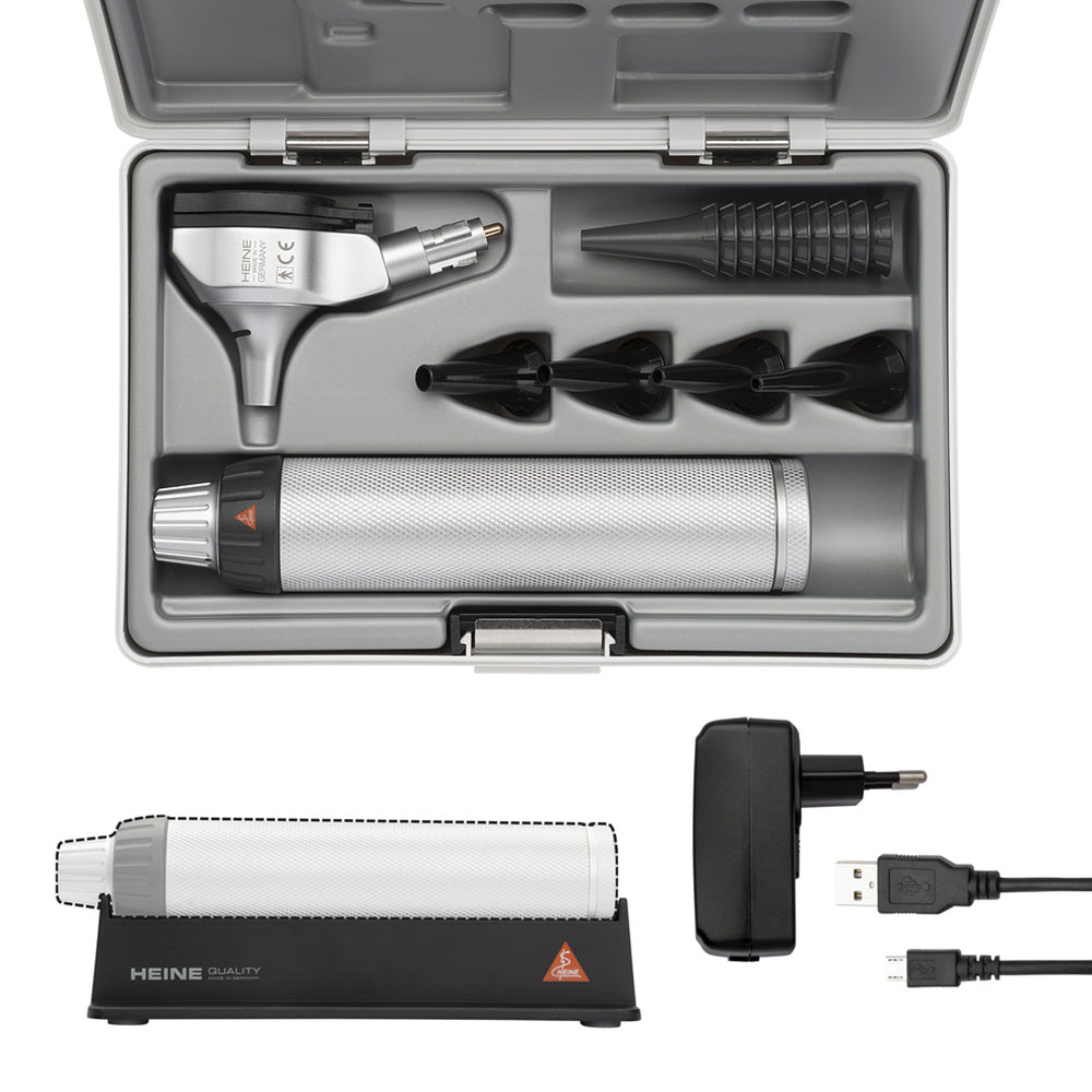 HEINE Beta 200 LED F.O. Otoscope Poignée rechargeable USB, grossissement 3×, boîtier métallique