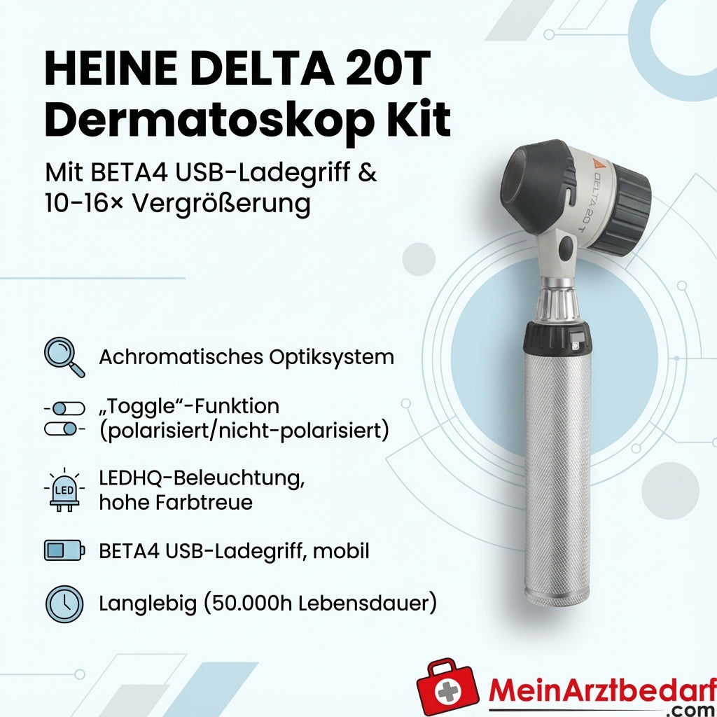Zestaw dermatoskopu Heine DELTA 20T BETA4 Uchwyt do ładowania USB LEDHQ Powiększenie 10-16× Toggle