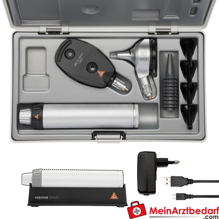 Heine BETA Set LED - BETA 200 LED Ophthalmoscope + BETA 400 LED F.O. Otoscope + BETA4 USB charging handle + USB cable