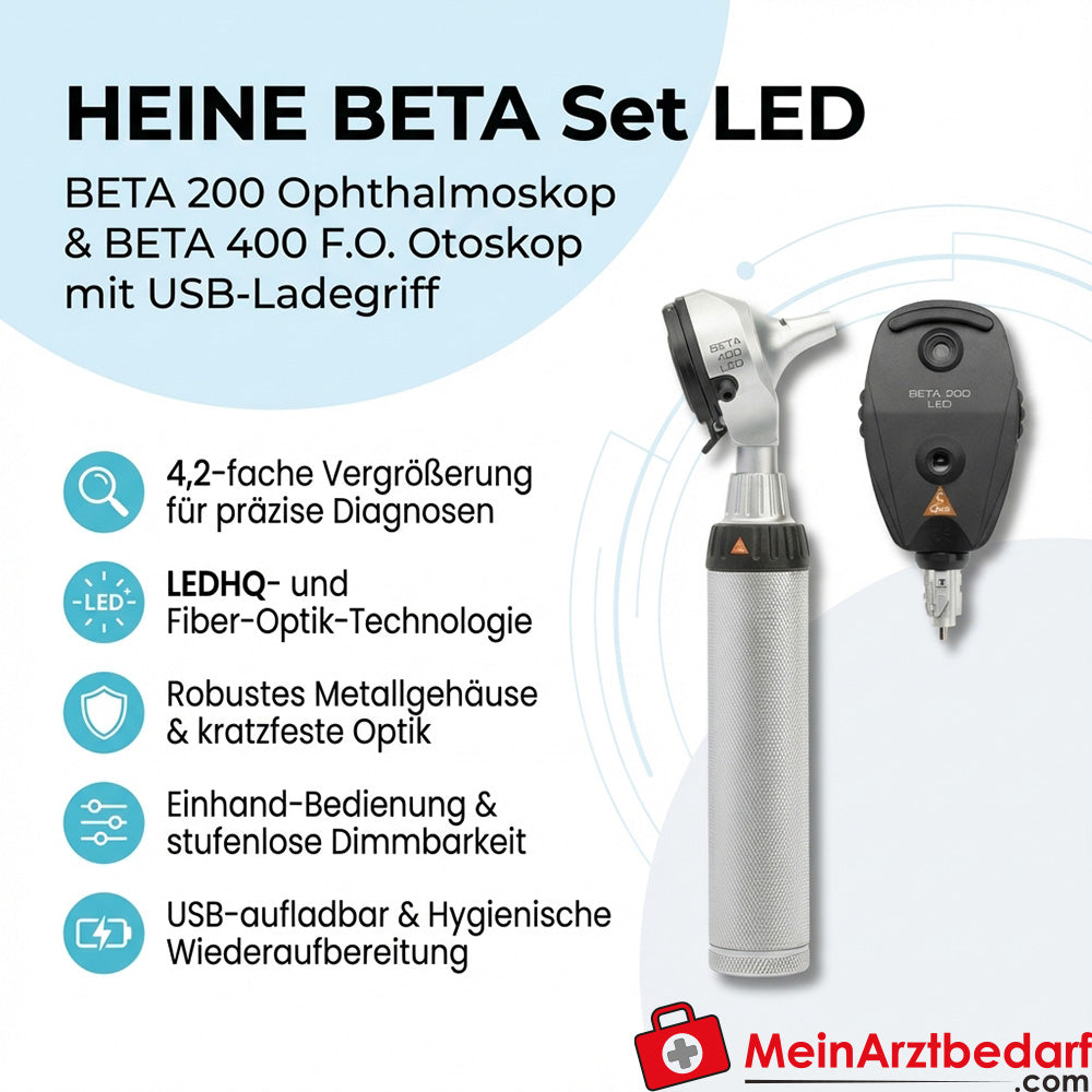 Heine BETA Set LED: Oftalmoskop BETA 200 i BETA 400 F.O. Otoskop, uchwyt do ładowania USB