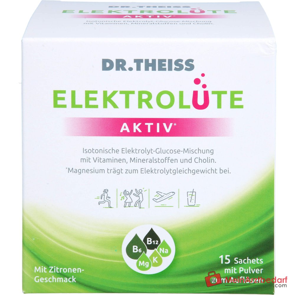 Dr. Theiss Elektrolüte Aktiv Glucose / Vitamin C / Vitamin B6 / Vitamin B12 / Niacin / Magnesium / Kalium / Natrium / Cholin Pulver, 15 Beutel.