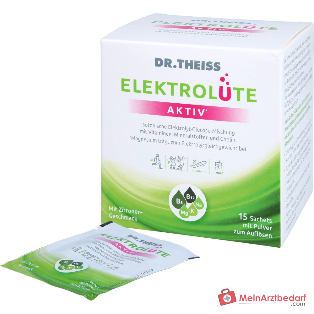 Dr. Theiss Elektrolüte Aktiv Glucose / Vitamin C / Vitamin B6 / Vitamin B12 / Niacin / Magnesium / Kalium / Natrium / Cholin Pulver, 15 Beutel.