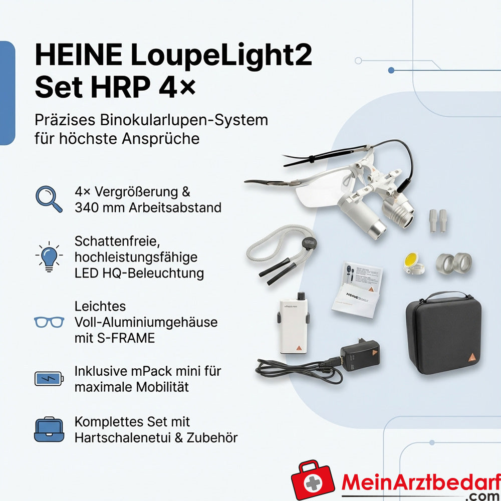 Heine LoupeLight2 Set HRP 4x Binoculaire Loep 340 mm met S-FRAME en mPack mini