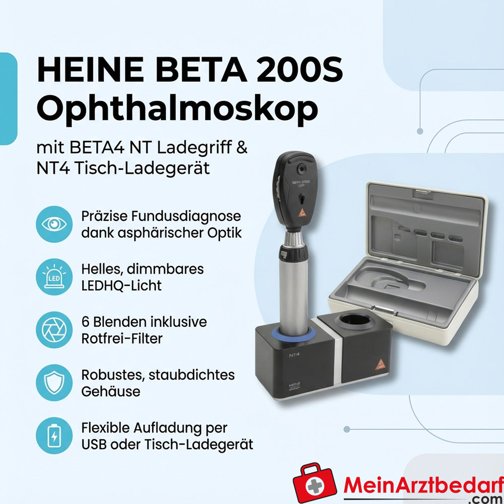 Heine BETA 200S Ophthalmoscope LEDHQ with BETA4 NT charging handle and NT4 desktop charger