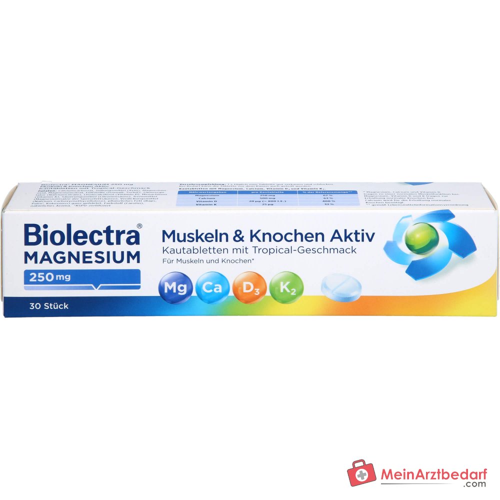 Biolectra Magnesium 250 mg / Calcium 500 mg / Vitamin D3 / Vitamin K2 Muskeln & Knochen Aktiv Kautabletten, 30 St..