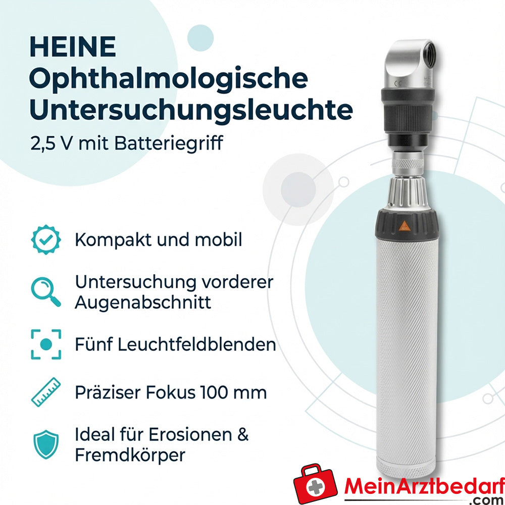 Heine ophthalmological examination light 2.5 V with battery handle, 5 field diaphragms, focus 100 mm