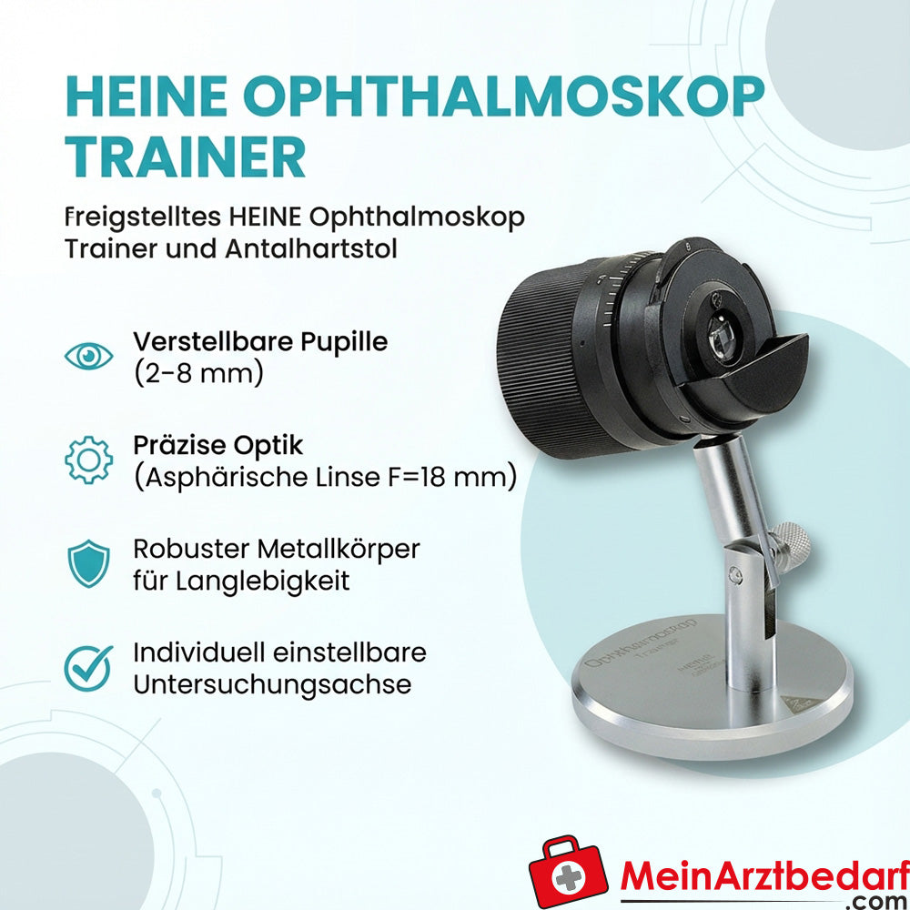 Heine ophthalmoscope trainer model eye, adjustable pupil 2-8 mm, aspherical silicate glass lens F = 18 mm, metal housing