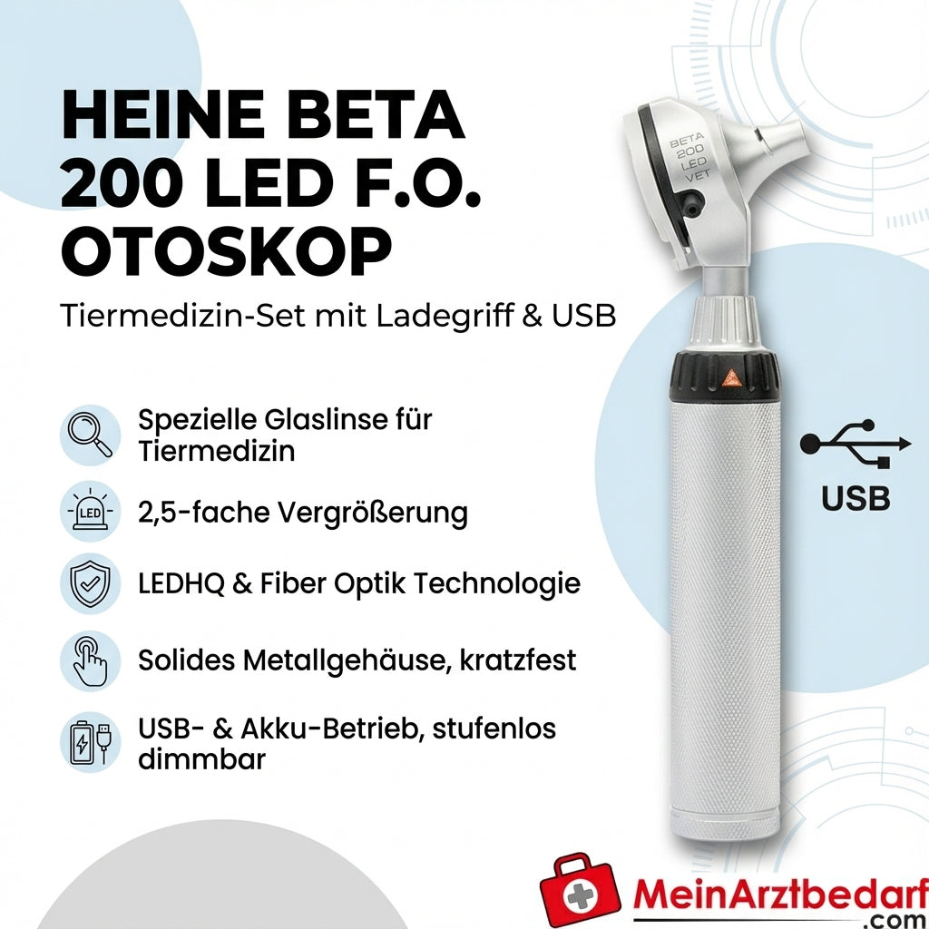 HEINE BETA 200 LED F.O. Otoscope with charging handle, USB cable and plug-in power supply unit