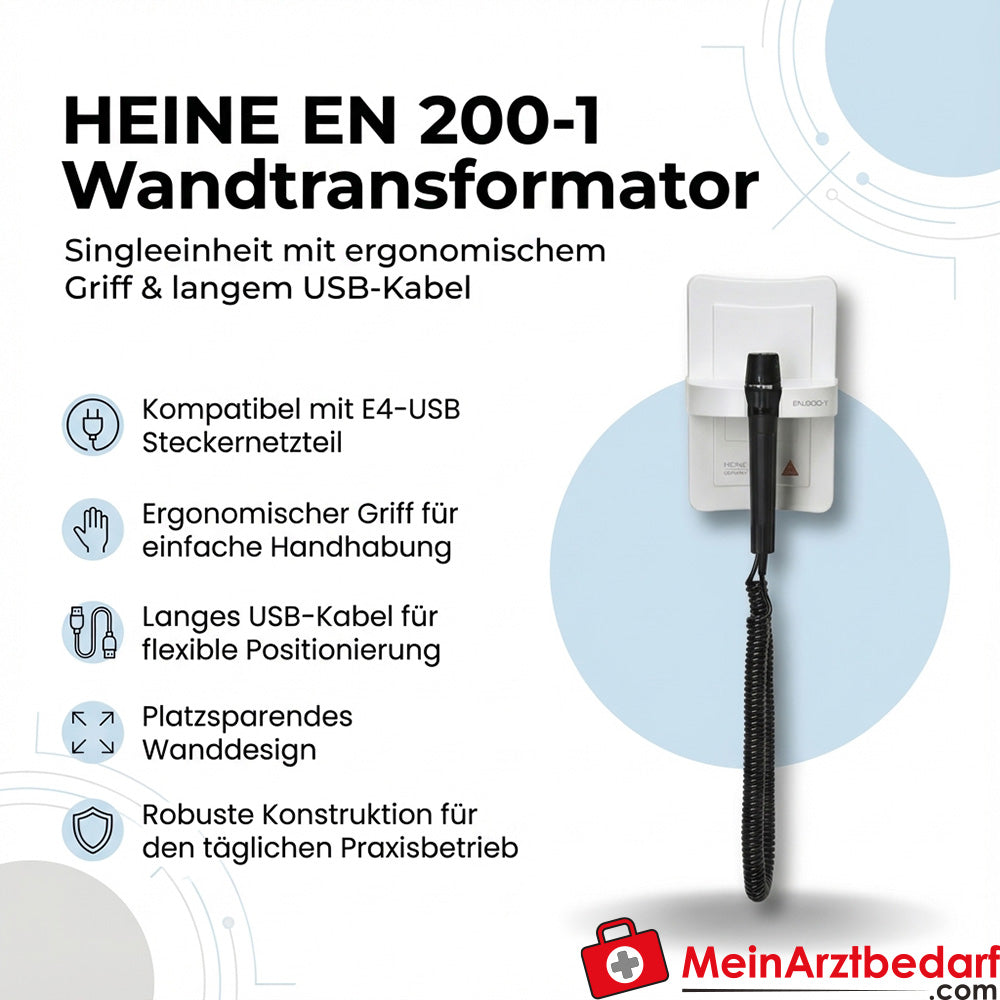 Heine EN 200-1 wall transformer single unit, long USB cable, E4-USB compatible