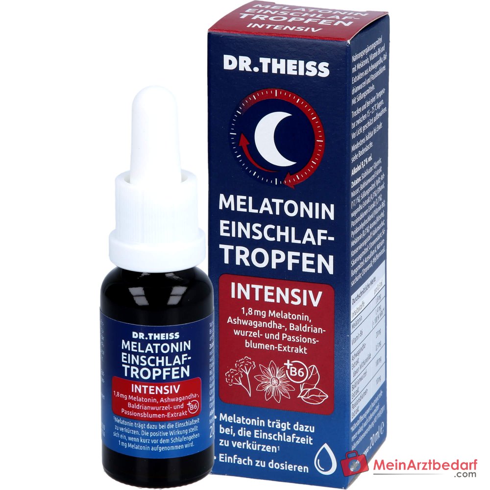 Dr. Theiss Melatonin Einschlaf-Tropfen intensiv Melatonin / Vitamin B6 / Ashwagandha / Baldrianwurzel / Passionsblume Tropfen, 20 ml.