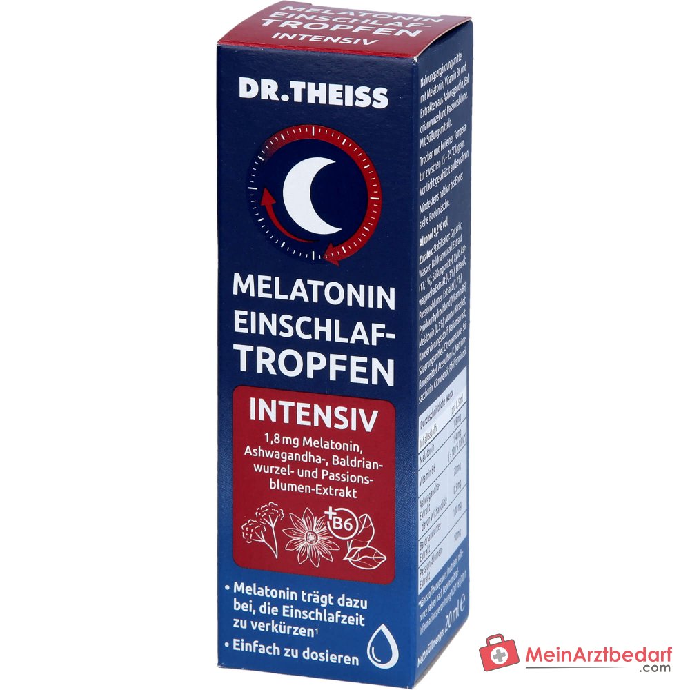 Dr. Theiss Melatonin Einschlaf-Tropfen intensiv Melatonin / Vitamin B6 / Ashwagandha / Baldrianwurzel / Passionsblume Tropfen, 20 ml.