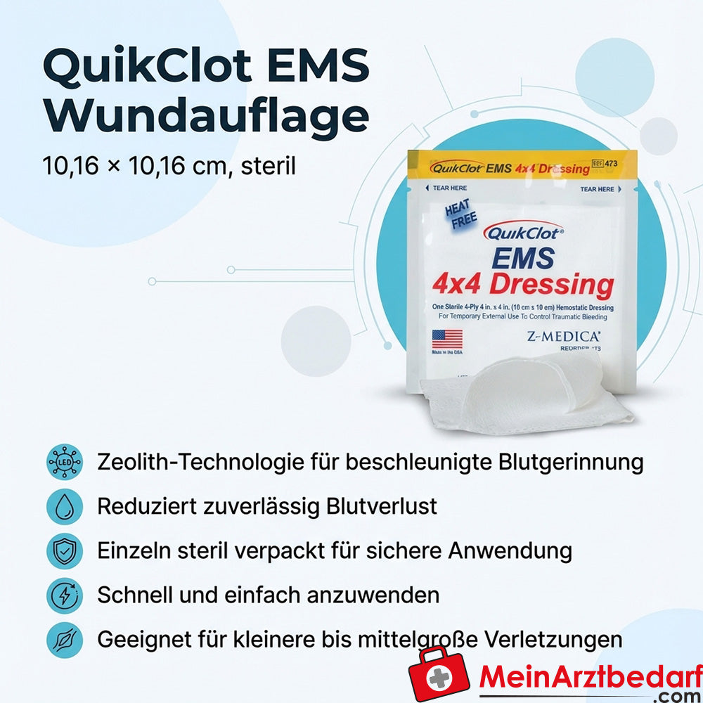 QuikClot EMS medicazione per ferite con tecnologia Zeolite 10,16 x 10,16 cm sterile 1 pezzo