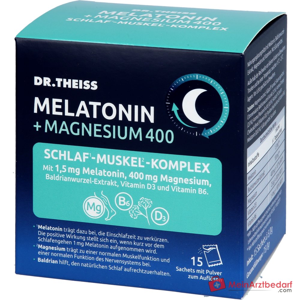Dr. Theiss Melatonin / Magnesium / Baldrian / Vitamin D3 / Vitamin B6 Schlaf-Komplex Pulver, 15 Stück.