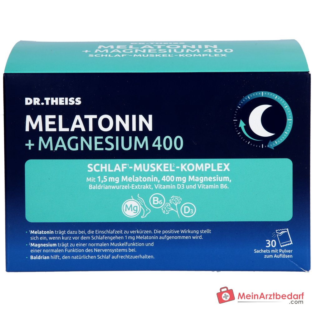 Dr. Theiss Melatonin / Magnesium / Baldrianwurzel-Extrakt / Vitamin D3 / Vitamin B6 Schlaf-Muskel-Komplex Pulver, 30 Beutel à 5 g.