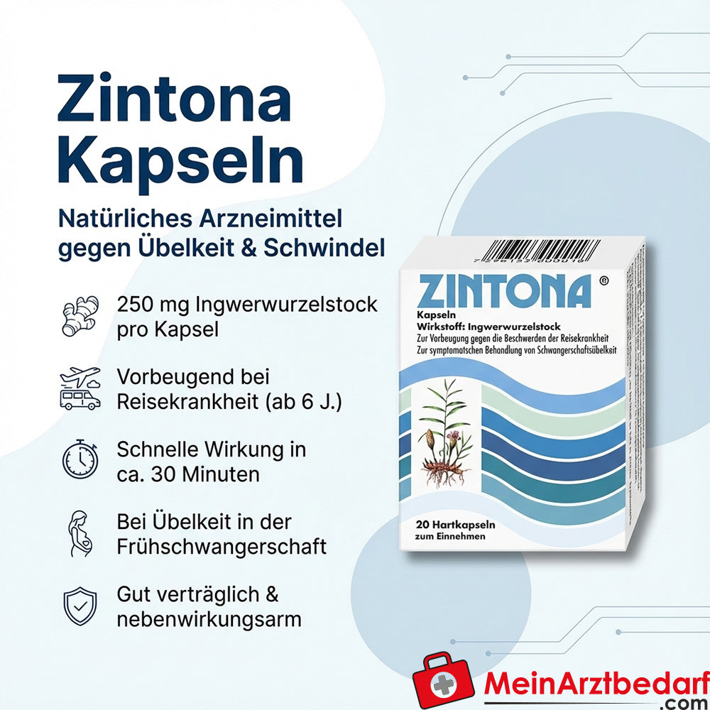 Zintona capsules 20 st 250 mg gember wortelstok - reisziekte, misselijkheid & duizeligheid (vanaf 6 jaar)