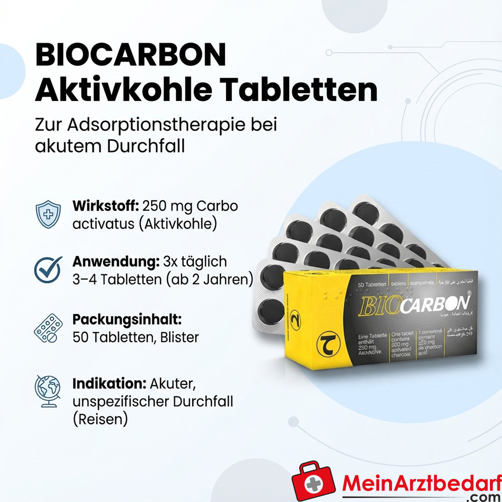 ERW01 Biocarbón carbón activado comprimidos 250 mg, 50 unid. contra la diarrea (a partir de 2 años)