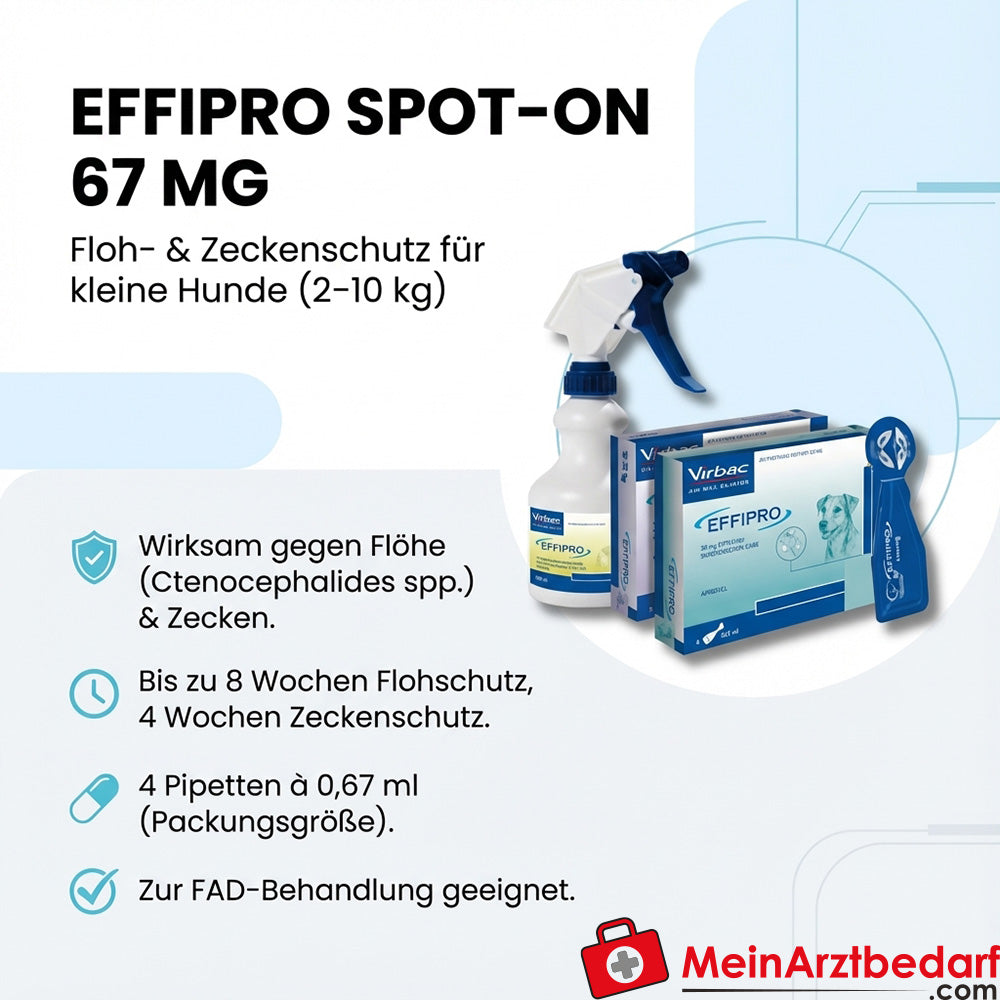 VIR01 Effipro Spot-on 67 mg für kleine Hunde (2–10 kg) Floh und Zeckenbehandlung 4 Pipetten