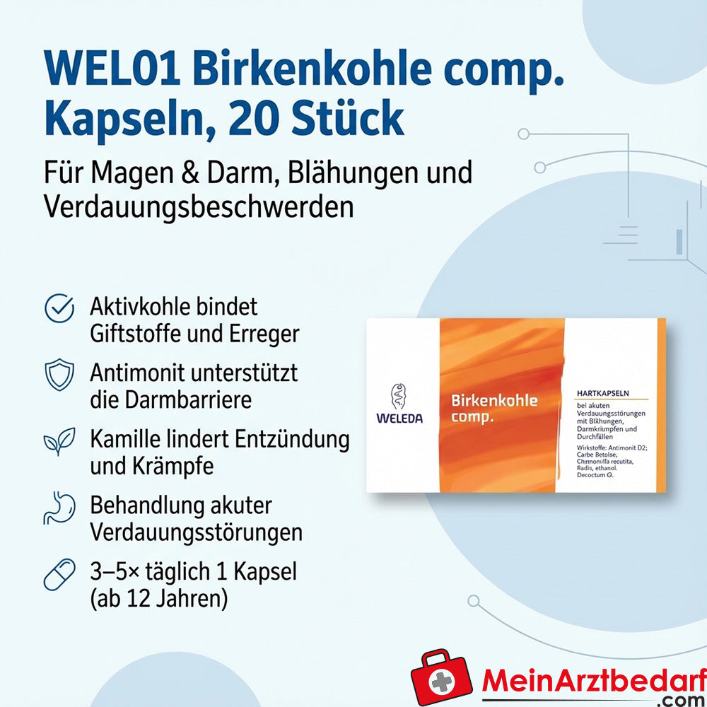 WEL01 Cápsulas de carbón de abedul 20 uds. para diarrea y flatulencia