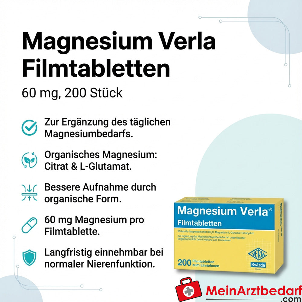 Verla Magnesium Filmtabletten 60 mg, 200 Stück, Magnesiumcitrat und -glutamat