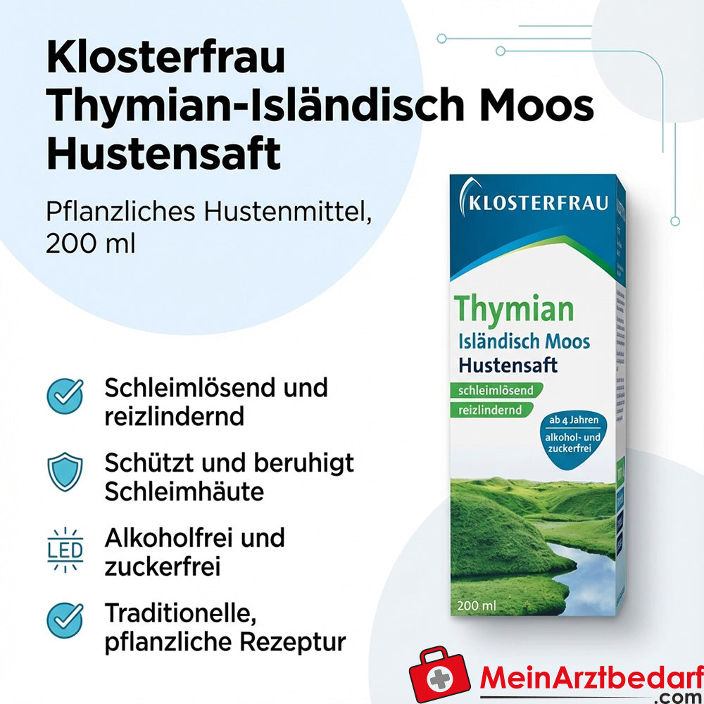 Klosterfrau Thymian-Isländisch Moos Hustensaft 200 ml, pflanzliches Hustenmittel, schleimlösend, reizlindernd, alkoholfrei, zuckerfrei