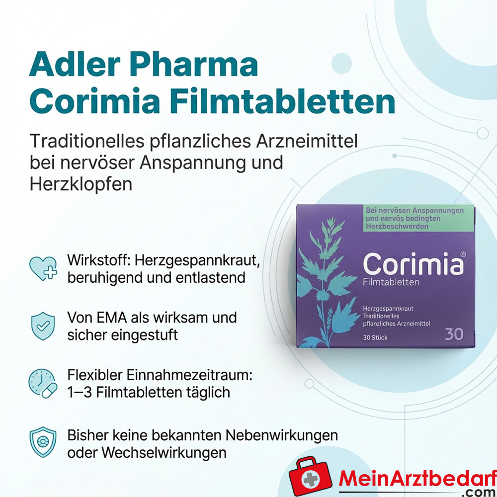 Adler Pharma Corimia Filmtabletten 60 Stück traditionelles pflanzliches Arzneimittel bei nervöser Anspannung und Herzklopfen