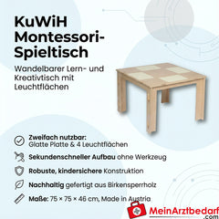 KuWiH Lernspieltisch Montessori aus Birkensperrholz mit 4 Leuchtflächen, Vollholz-Gestell, 75 x 75 x 46 cm.
