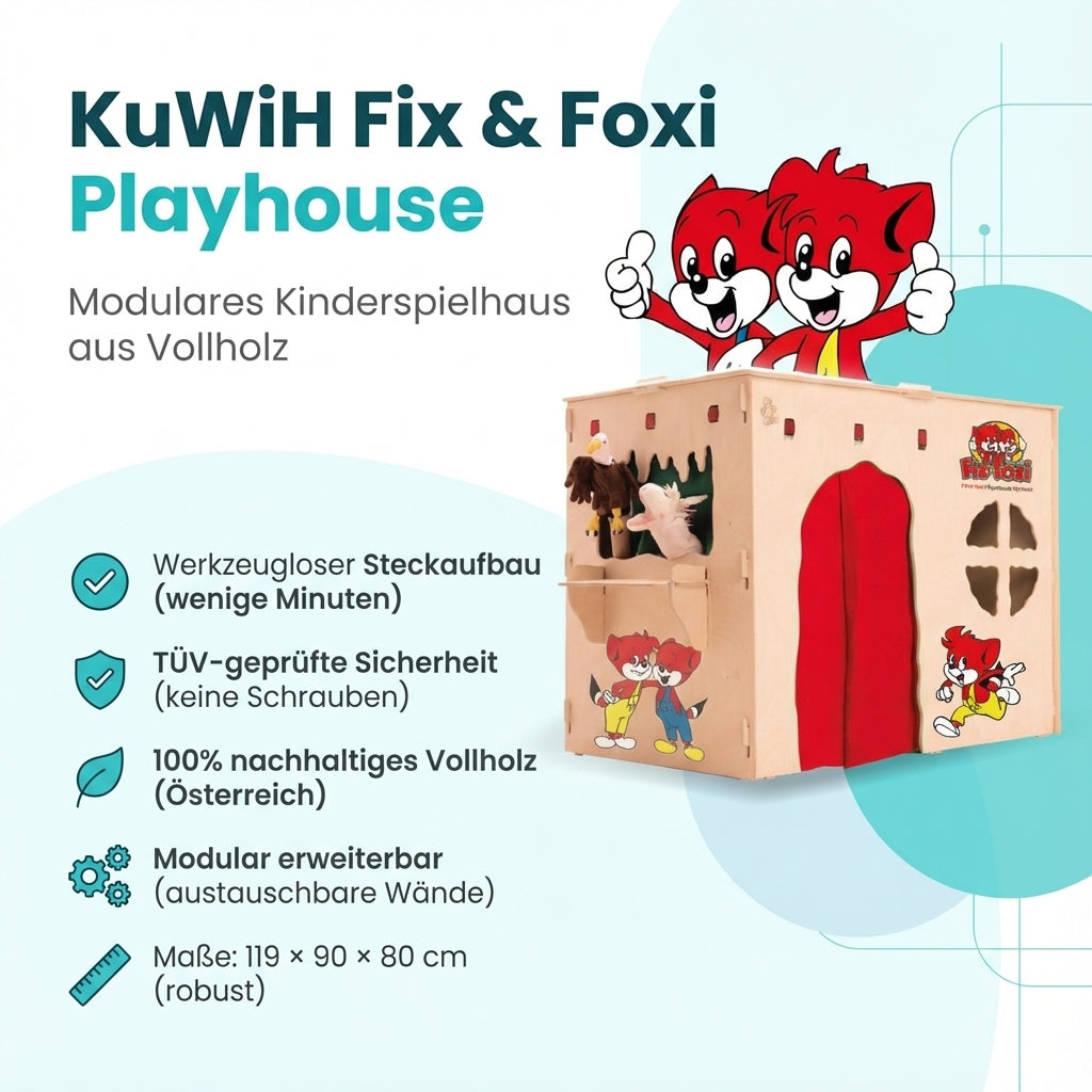 Fix & Foxi Playhouse Kinderspielhaus Vollholz modular TÜV-geprüft 119×90×80 cm.