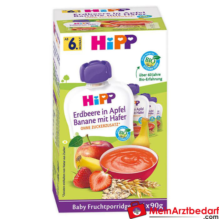 HiPP Fruitpap Aardbei in Appel-Banaan met Haver, 6 stuks.