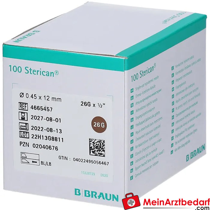 Sterican® insülin kanülü G26 x 1/2 inç 0,45 x 12 mm kahverengi, 100 adet.