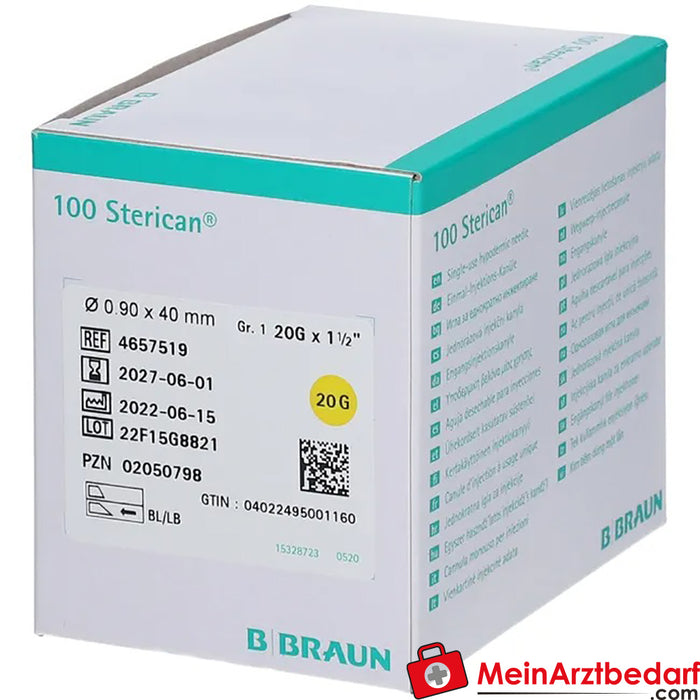 Sterican® 标准套管，尺寸 1 G20 x 1 1/2 英寸 0.90 x 40 毫米，黄色，100 件。