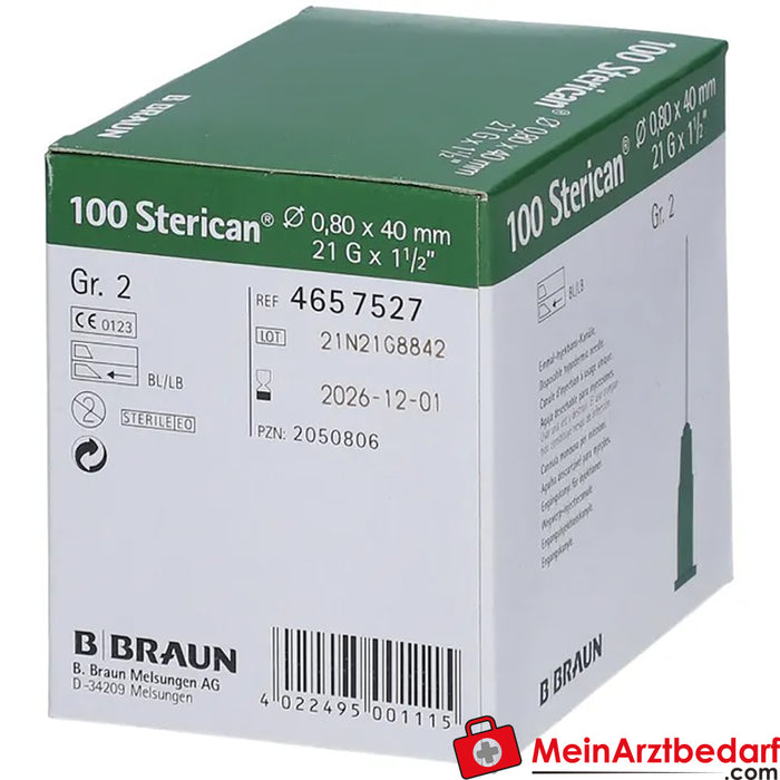Sterican® standart kanül boyutu 2 G21 x 1 1/2 inç 0,80 x 40 mm yeşil, 100 adet.