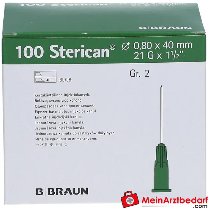 Sterican® standard cannula size 2 G21 x 1 1/2 inch 0.80 x 40 mm green, 100 pcs.