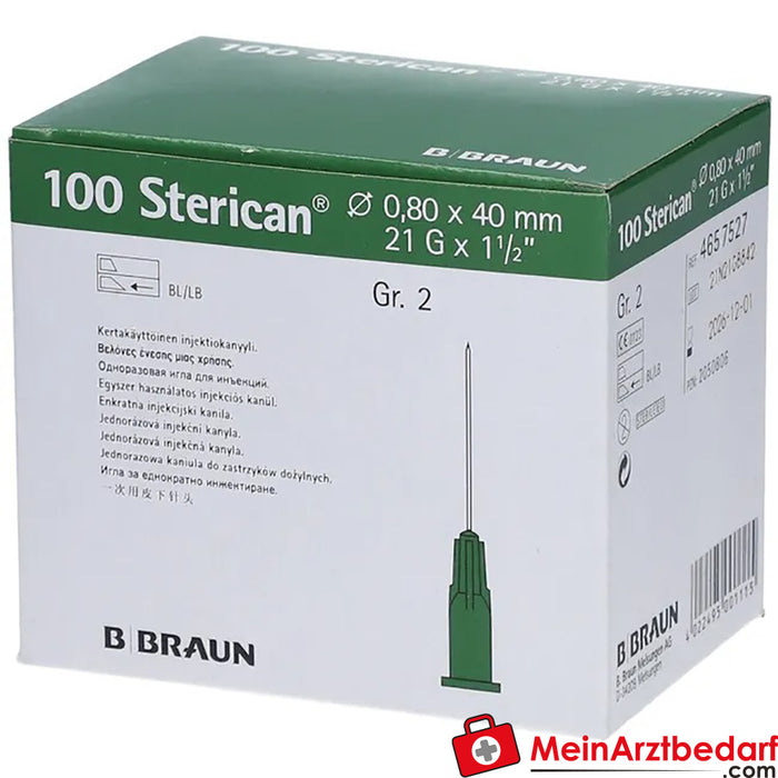 Cânula padrão Sterican® tamanho 2 G21 x 1 1/2 polegada 0,80 x 40 mm verde, 100 unidades.