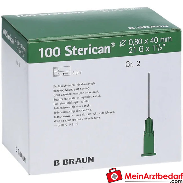 Cânula padrão Sterican® tamanho 2 G21 x 1 1/2 polegada 0,80 x 40 mm verde, 100 unidades.