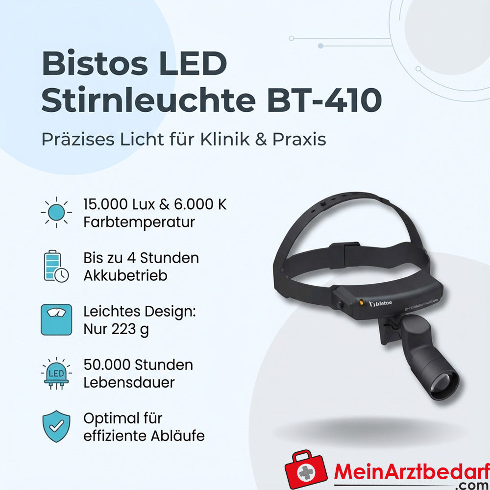Bistos BT-410 LED lampe frontale, 15.000 Lux, batterie 4 h, 223 g, 6.000 K