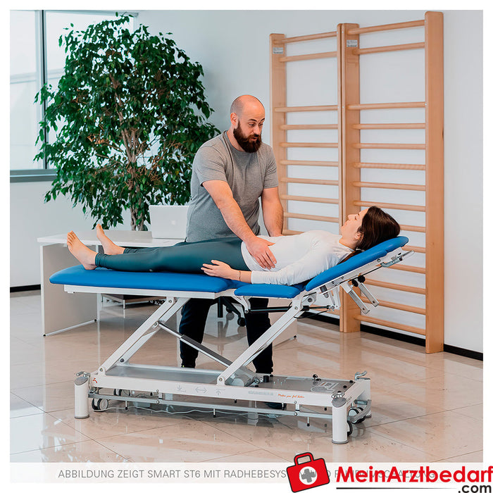 Tekerlek kaldırma sistemli ve çok yönlü kontrollü Smart ST6 terapi masası, mavi