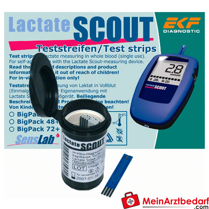 25 tiras reactivas en la caja dispensadora para Lactate Scout Sport
