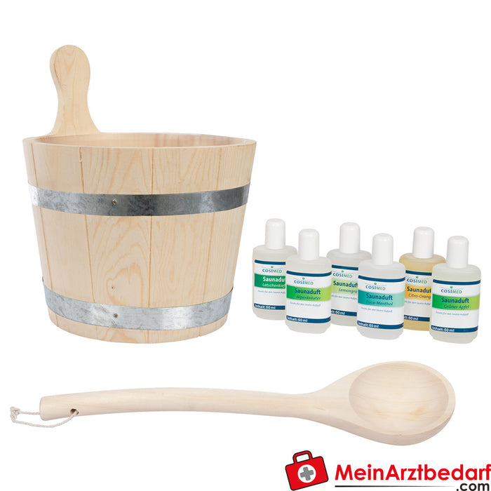9-piece sauna starter set, infusion bucket + ladle + 6 different sauna fragrances each sauna fragrances á 50 ml