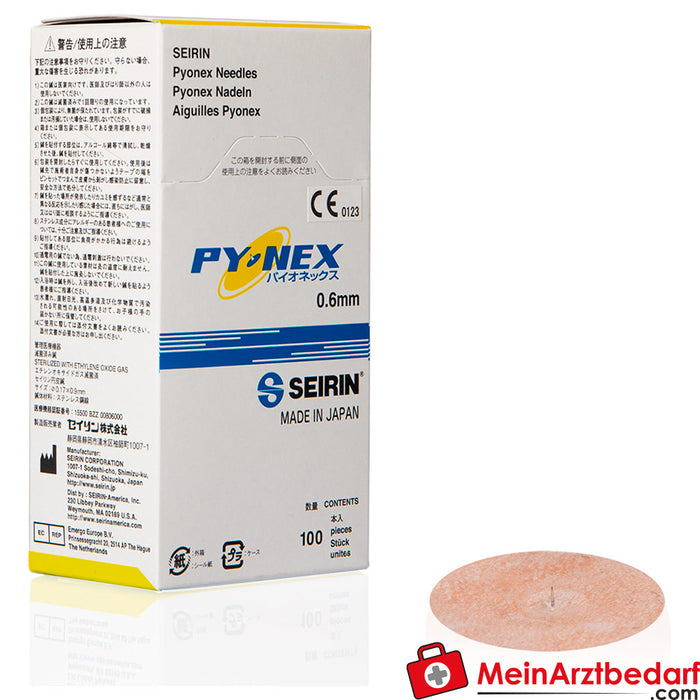 Agulhas permanentes de acupunctura Seirin New Pyonex, amarelas, 0,15x0,60 mm, 100 unidades