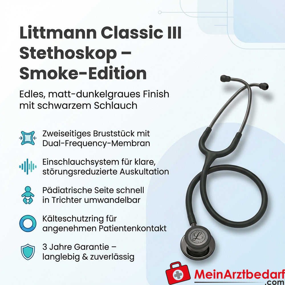 Littmann Classic III Stethoskop Edelstahl-Bruststück, Dual-Frequency, Einschlauch, Black Edition, Smoke-Edition