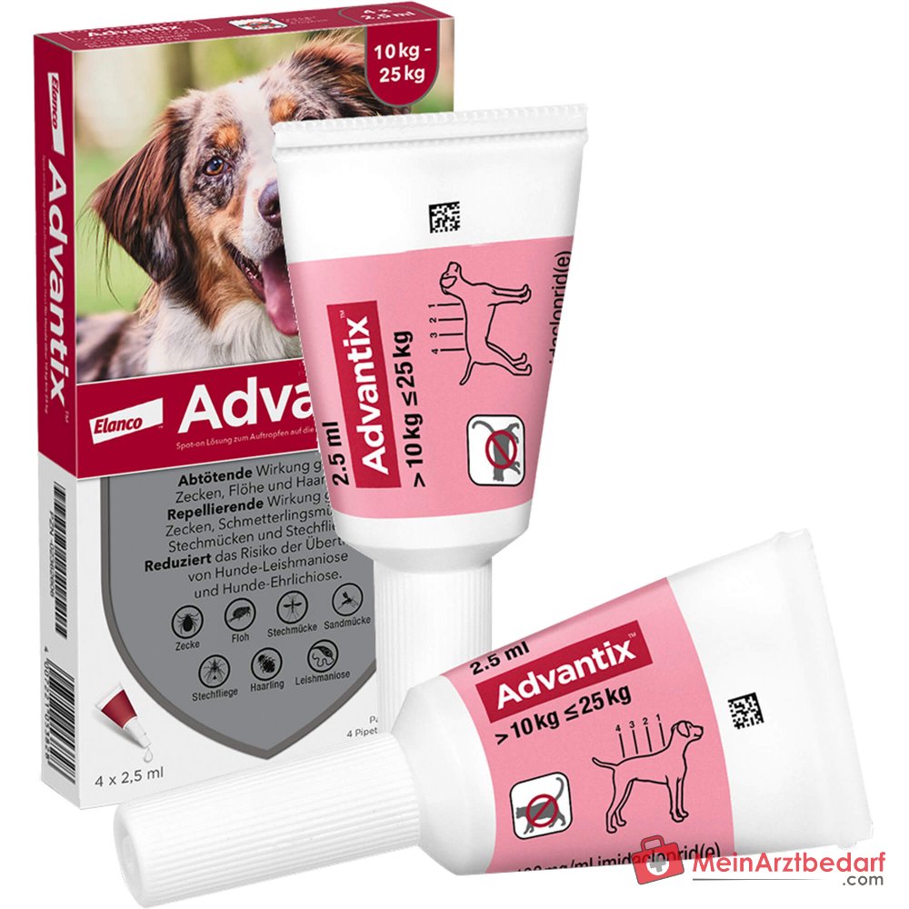 Advantix Spot-on Hund 10–25 kg Imidacloprid und Permethrin Pipetten 4 Stück
