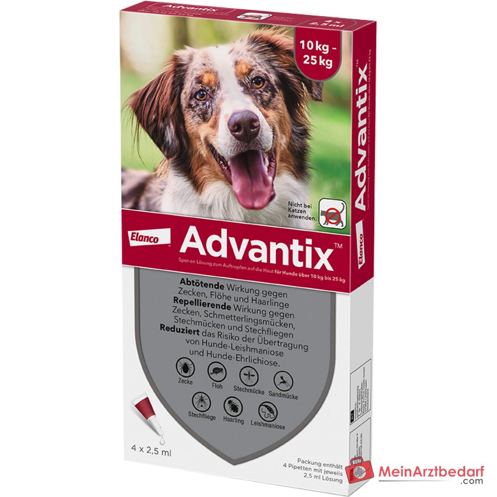 Advantix Spot-on Hund 10–25 kg Imidacloprid und Permethrin Pipetten 4 Stück