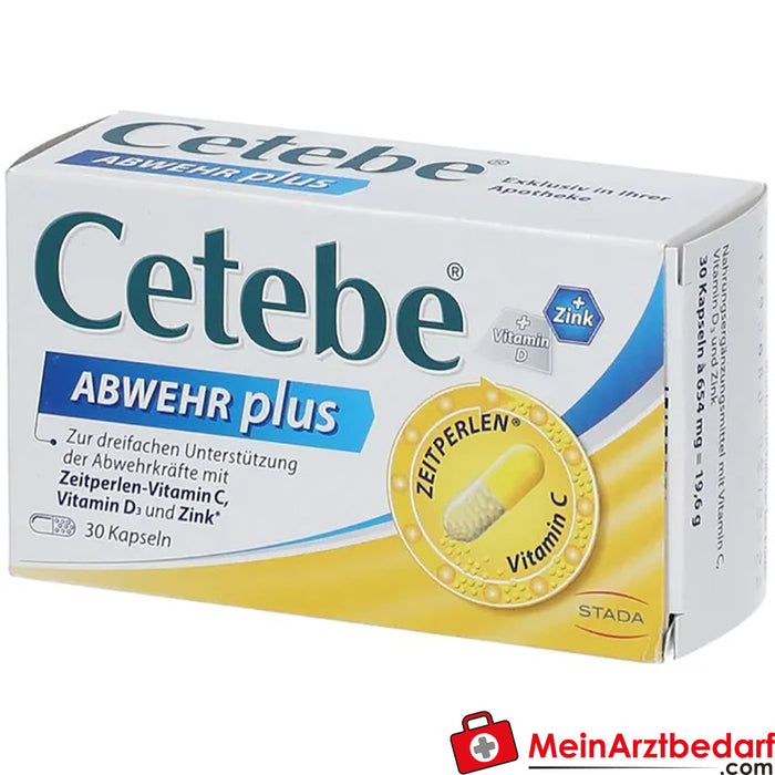 Cetebe® ABWEHR plus 三重防护支持，维生素 C、D 和锌，30 件。