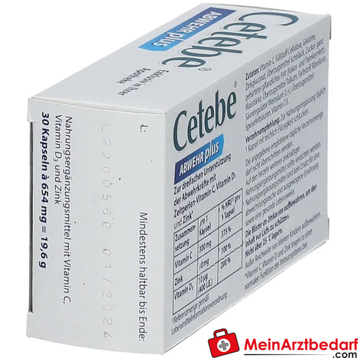 Cetebe® ABWEHR plus 三重防护支持，维生素 C、D 和锌，30 件。