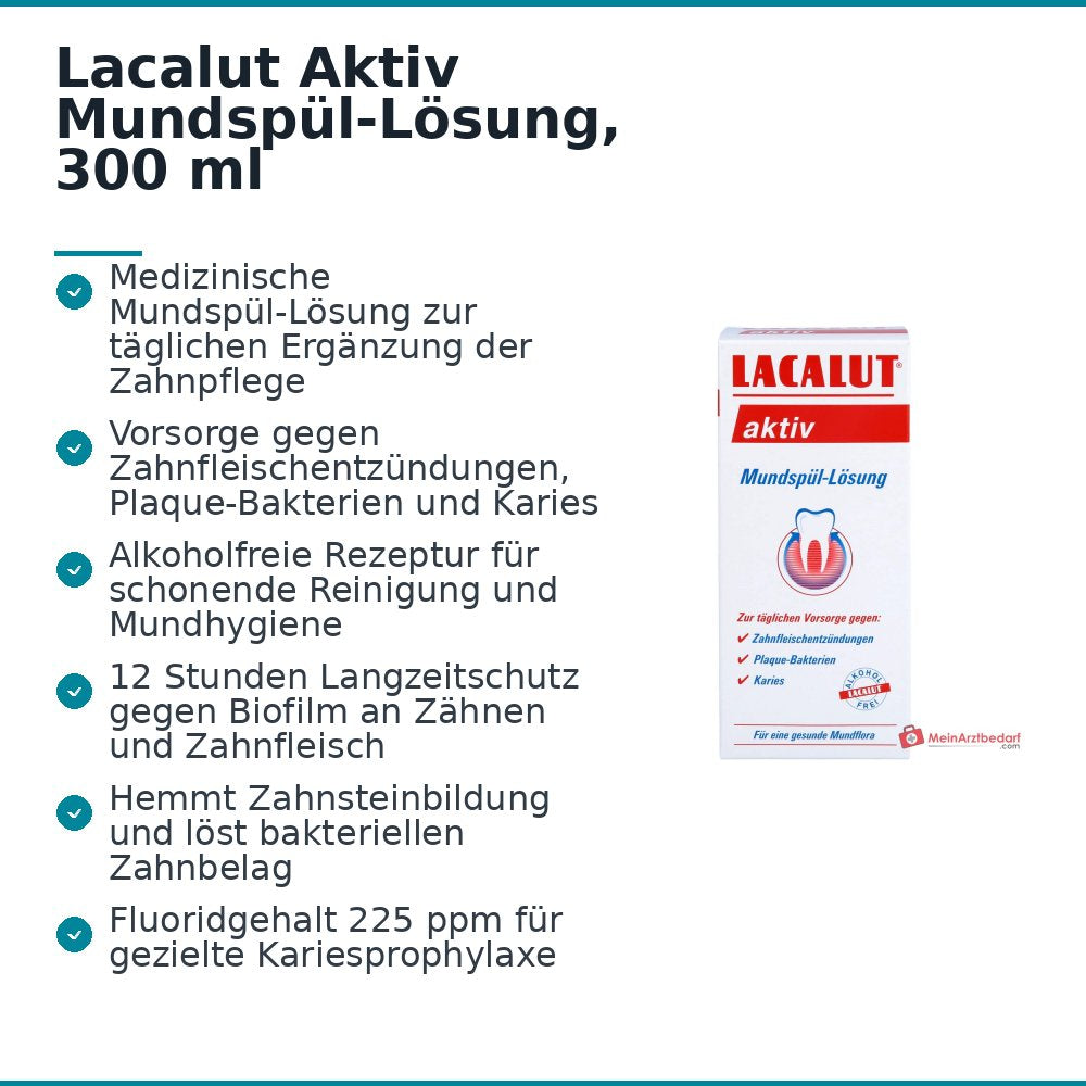 Lacalut Aktiv Olaflur / Chlorhexidin Digluconat / Aluminiumlaktat / Zinksulfat Mundspül-Lösung, 300 ml.