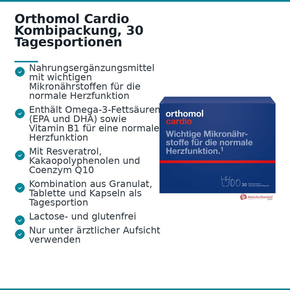 Orthomol Cardio Omega-3-Fettsäuren EPA / DHA / Vitamin B1 / Vitamin C / Vitamin E / Magnesium / Selen / Zink / Resveratrol / Kakaopolyphenole Granulat / Tablette / Kapseln Kombipackung, 30 Tagesportionen.