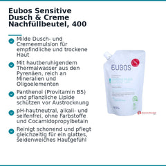 Eubos Sensitive Dusch & Creme Panthenol / Thermalwasser Emulsion Nachfüllbeutel, 400 ml.