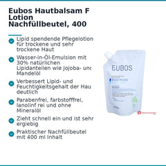 Eubos Hautbalsam F Jojoba / Mandelöl / Glycerol Lotion Nachfüllbeutel, 400 ml.
