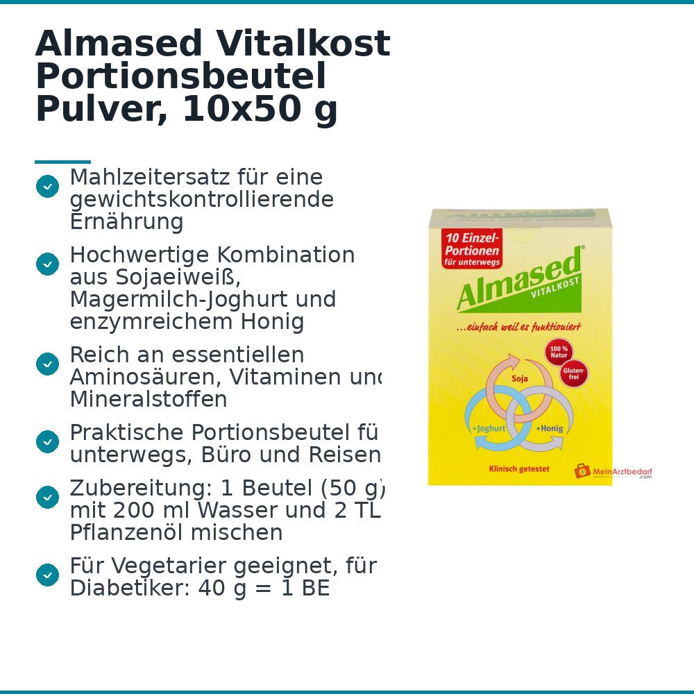 Almased Vitalkost Sojaeiweiß / Bienenhonig / Magermilch-Joghurt Pulver Portionsbeutel, 10 x 50 g.