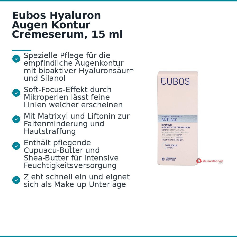 Eubos Anti Age Hyaluron Augen Kontur Cremeserum Hyaluronsäure / Silanol / Matrixyl / Liftonin / Cupuacu-Butter / Shea-Butter Creme, 15 ml.